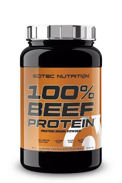 Scitec Nutrition 100% Beef Protein drink powder container, almond chocolate flavor, high protein concentration.