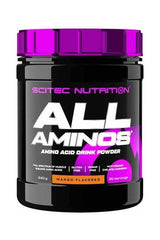 Scitec Nutrition All Aminos mango flavored amino acid drink powder, 340g for muscle building and recovery.