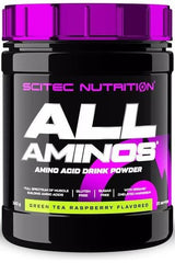Scitec Nutrition All Aminos amino acid drink powder in green tea raspberry flavor, gluten-free and sugar-free.