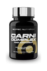 Scitec Nutrition Carni Complex supplement bottle, 1200mg L-Carnitine, 60 mega capsules, boosting fat burning and energy.