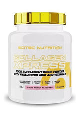 Scitec Nutrition Collagen Xpress supplement in fruit punch flavor, enriched with hyaluronic acid and vitamin C.