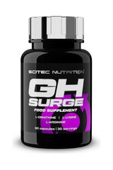 Scitec Nutrition GH Surge supplement bottle featuring 90 capsules of L-Arginine, L-Ornithine, L-Lysine.