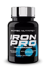 Scitec Nutrition Iron Pro supplement bottle with 60 tablets, enhanced with vitamin C and B12 for optimal iron absorption.