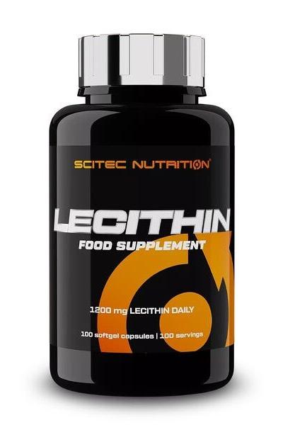 Scitec Nutrition Lecithin food supplement bottle, 1200 mg daily, supports brain function and heart health.
