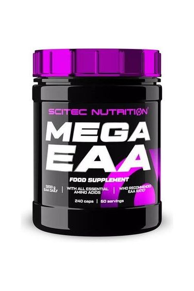 Scitec Nutrition Mega EAA supplement jar with essential amino acids for muscle recovery and performance.