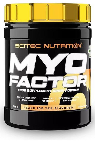 Scitec Nutrition MyoFactor supplement powder for muscle function and protein synthesis, Peach Ice Tea flavor.