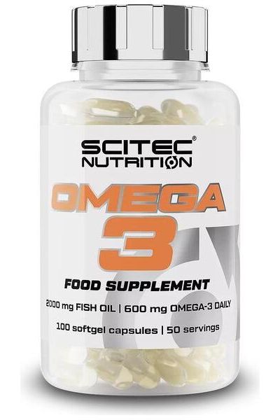 Scitec Nutrition Omega 3 softgel capsules, 100 caps, 2000 mg fish oil, essential for vitality and well-being.