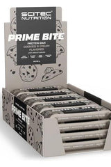 Scitec Nutrition Prime Bite protein bars in a display box with cookies and cream flavor.