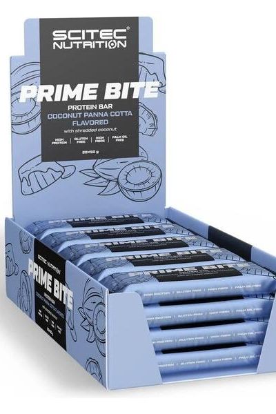 Scitec Nutrition Prime Bite protein bars in coconut panna cotta flavor, rich in protein and gluten-free.