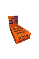 Scitec Nutrition Proteinissimo bars in an orange display box, high-protein snack, palm oil-free, fiber-rich.