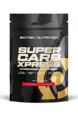 Scitec Nutrition Super Carb Xpress carbohydrate drink powder pack for energy and endurance, raspberry tea flavor.