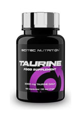 Scitec Nutrition Taurine supplement bottle with 3000mg in 90 capsules for energy and health benefits.