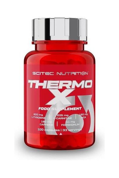 Scitec Nutrition Thermo-X supplement bottle with 100 capsules for energy, focus, and weight loss support.