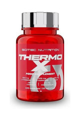 Scitec Nutrition Thermo-X supplement bottle with 100 capsules for energy, focus, and weight loss support.