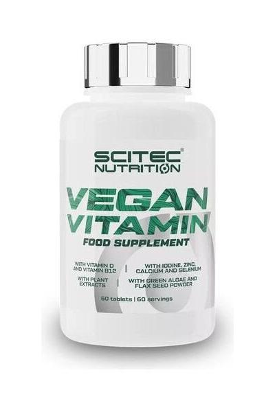 Scitec Nutrition Vegan Vitamin supplement bottle featuring vitamins B12 and D, Omega-3, and essential minerals.