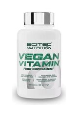 Scitec Nutrition Vegan Vitamin supplement bottle featuring vitamins B12 and D, Omega-3, and essential minerals.