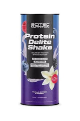 SciTec Protein Delite Shake packaging featuring blueberries, vanilla, and gluten-free ingredients.