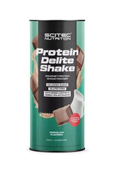 SciTec Protein Delite Shake protein powder, gluten-free, no added sugar, chocolate flavor, with green tea extracts.