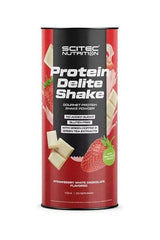 SciTec Protein Delite Shake powder canister, gluten-free with no added sugar, strawberry white chocolate flavor.