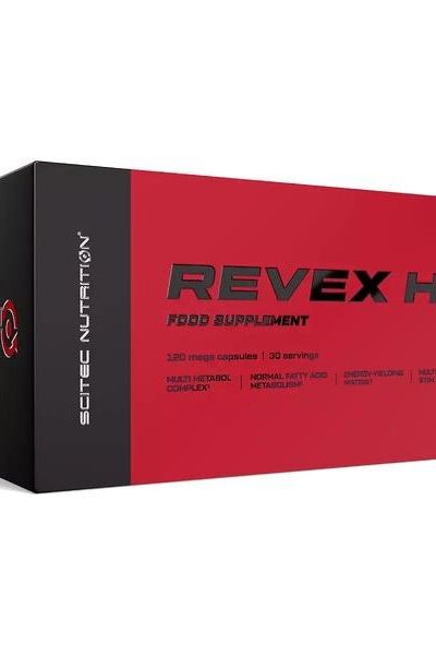SciTec Revex HC food supplement box with 320 mega capsules for energy and focus support.