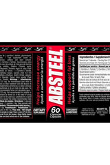 Absteel dietary supplement label featuring 60 capsules, designed to increase energy and support fat loss.
