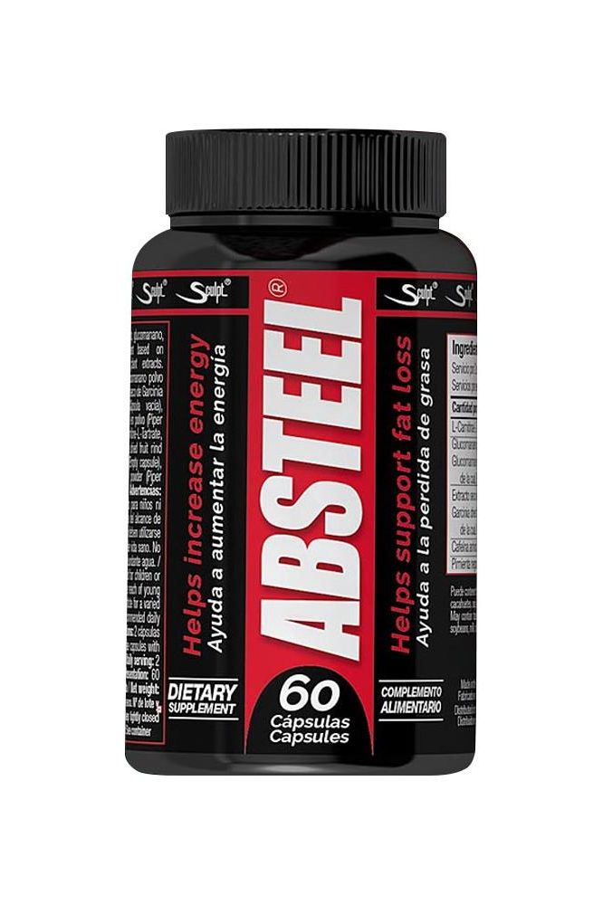 Absteel dietary supplement bottle, 60 capsules for energy boost and fat loss support.