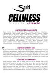 Sculpt Celluless Advanced 150 ml product label showcasing ingredients and instructions for use.