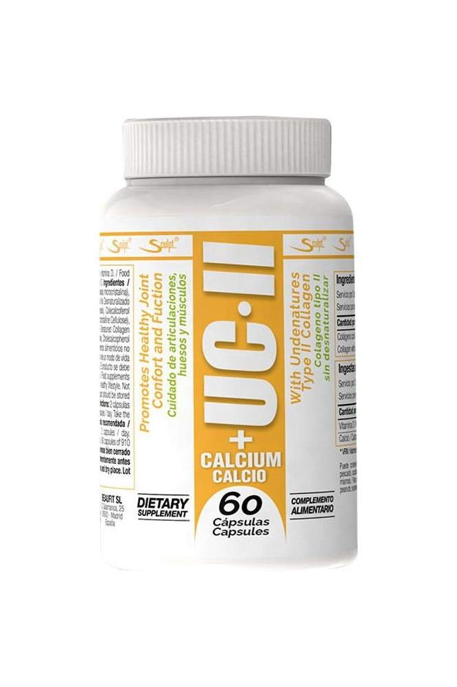 Sculpt UC-II + Calcium supplement bottle with 60 capsules for joint health and flexibility.