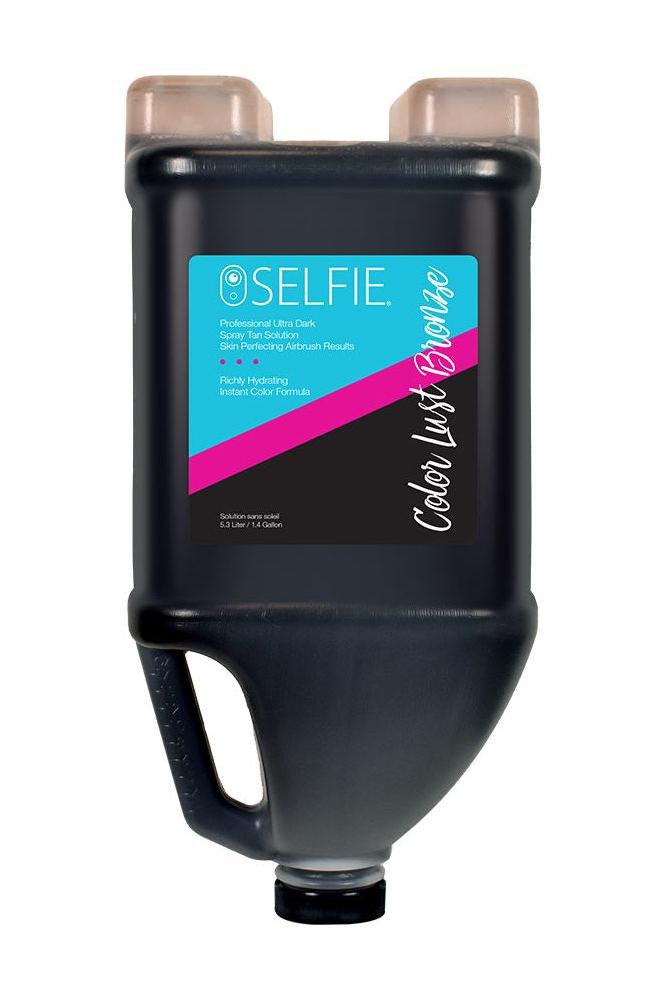 Selfie Color Lust Bronze Airbrush Solution container, 1 gallon, designed for a flawless sun-kissed glow.