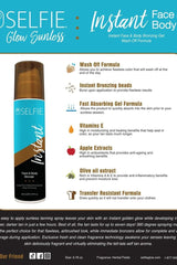 Selfie Instant Body Bronzer gel bottle 200ml showcasing wash off formula and skin benefits.