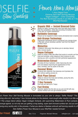 Selfie Power Hour Self-Tanning Mousse packaging with details on benefits and ingredients for quick, deep tan.