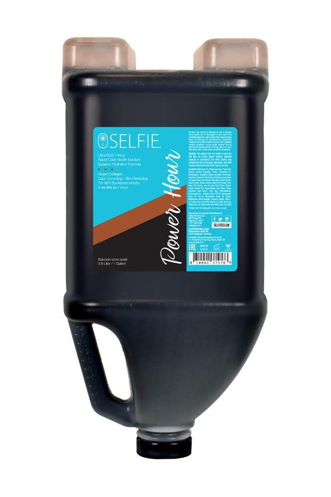 Selfie Power Hour Ultra Dark 1 Hour Booth Solution 1 gallon bottle showcasing packaging and product details.