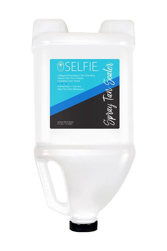 Selfie Spray Tan Sealer in 1-gallon container, enhances collagen and extends sunless tan with antioxidants and skin vitamins.