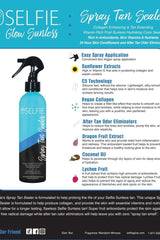 Selfie Spray Tan Sealer product image, highlighting easy spray application and collagen-enhancing benefits.