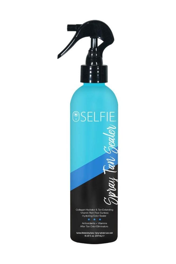 Selfie Spray Tan Sealer 237 ml bottle for collagen boost and long-lasting tan enhancement.