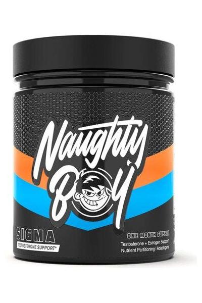 Naughty Boy Sigma supplement jar for testosterone and estrogen support, featuring a playful design.