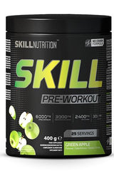 Skill Nutrition Pre-Workout in Green Apple flavor, 400g container, advanced no-crash formula, 25 servings.