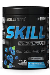 Skill Nutrition Pre-Workout in Blue Raspberry flavor, 400g container, promotes energy and focus with no crash formula.