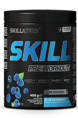 Skill Nutrition Pre-Workout in Blue Raspberry flavor, 400g container, promotes energy and focus with no crash formula.