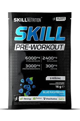 Skill Nutrition Pre-Workout supplement in blue raspberry flavor, featuring 6000mg citrulline malate and 300mg caffeine.