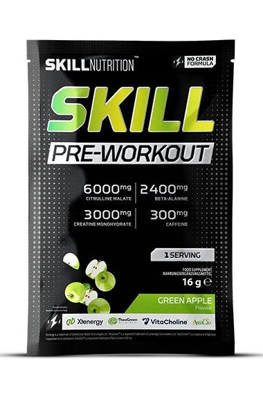 Skill Nutrition Pre-Workout supplement packaging with green apple flavor, featuring key ingredients and no crash formula.