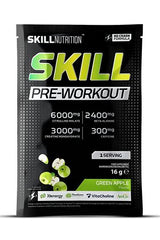 Skill Nutrition Pre-Workout supplement packaging with green apple flavor, featuring key ingredients and no crash formula.
