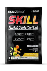 Skill Nutrition Pre-Workout Tropical Punch packet, featuring key ingredients for energy and performance.