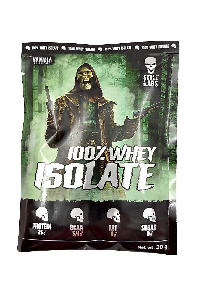 Skull Labs 100% Whey Isolate Sample packaging highlighting protein, BCAA, fat, and sugar content.