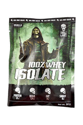 Skull Labs 100% Whey Isolate Sample packaging highlighting protein, BCAA, fat, and sugar content.