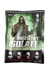 Skull Labs 100% Whey Isolate Sample packaging highlighting protein, BCAA, fat, and sugar content.