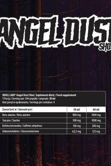 Label of Skull Labs Angel Dust Shot showing ingredients and nutritional information for pre-workout supplement.