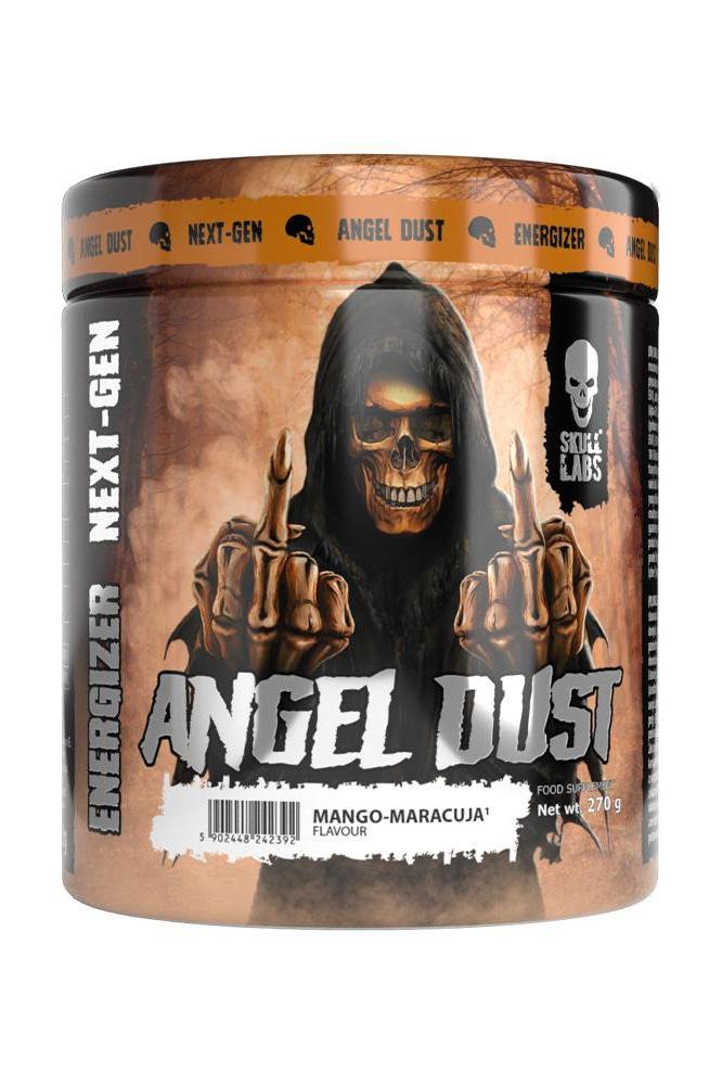 Skull Labs Angel Dust energy supplement with mango passion fruit flavor in a striking container.