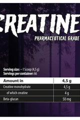 Nutritional information for Skull Labs Creatine showing serving size, creatine monohydrate, and beta-glucan content.