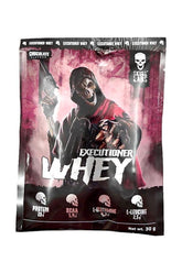 Skull Labs Executioner Whey sample packet in chocolate flavor, featuring protein and BCAA details.